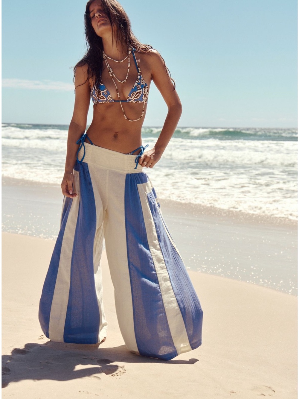 Free People free-est Liora Cotton Wide-Leg Pants Blue & Cream Women's